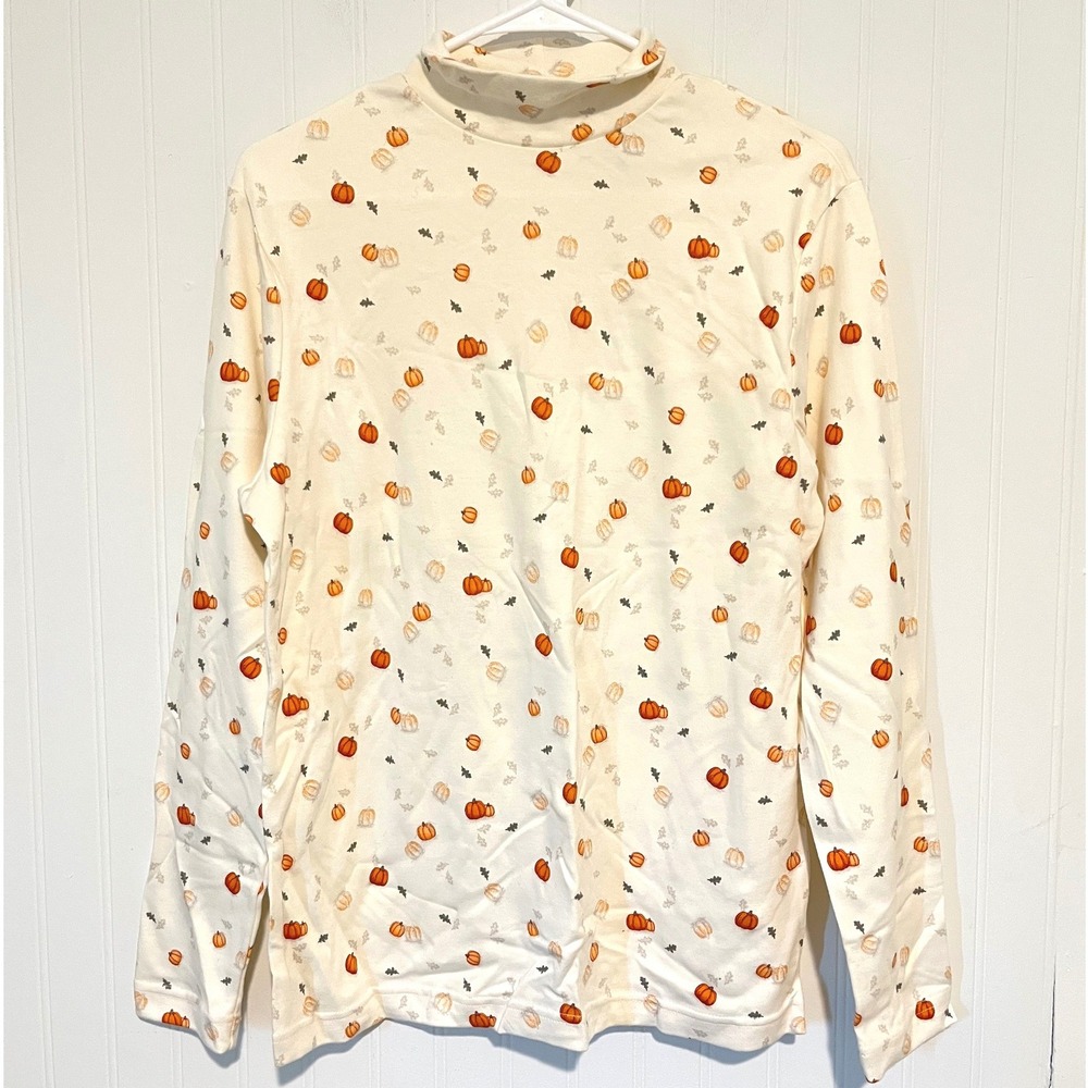Croft & Barrow Turtleneck Women S Ivory Pumpkin Fall Leaf Print Top